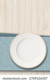 Vista superior del plato vacío con borde dorado colocado en un mantel azul claro en una mesa de madera condición de desvanecimiento Vertical ilustración gráfica de fondo tiene espacio en blanco.