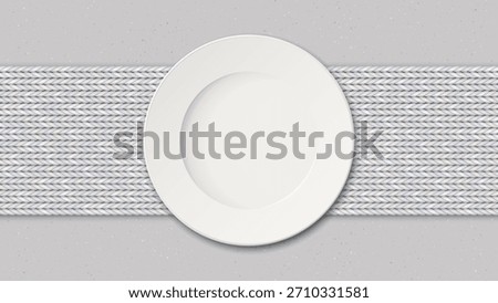 Top view of empty dish placed on a white fabric placemat on a cement counter with grainy texture background graphic illustration have blank space.