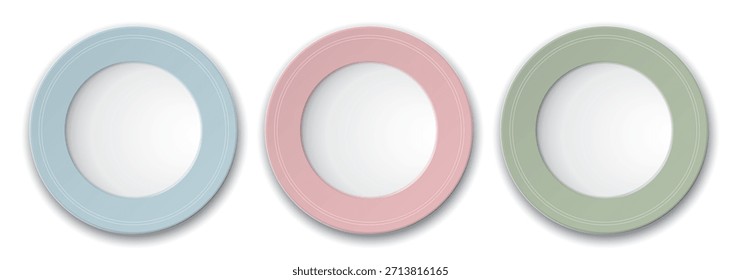 Vista superior de la ilustración gráfica aislada del plato verde, azul y rosa vacío.