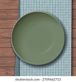 Vista superior de un tazón verde vacío con textura granulada colocada en un mantel azul claro en una ilustración gráfica de fondo cuadrado de mesa de madera.