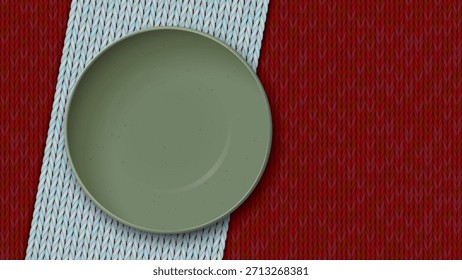 Vista superior del tazón verde vacío con textura granulada colocada en un mantel azul claro en una ilustración gráfica de fondo de mantel rojo tiene espacio en blanco.