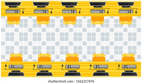 Top view of an empty Internet Cafe featuring table, chair and computer vector illustration and design. School, college, or course concept element. 