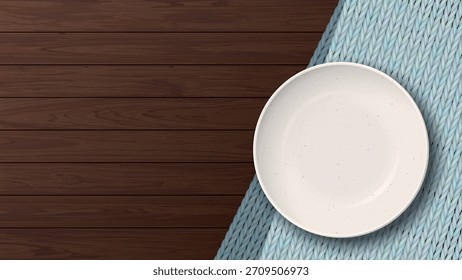 Vista superior de un tazón de marfil vacío con textura granulada colocada en un mantel azul claro sobre una ilustración gráfica de fondo de mesa de madera.