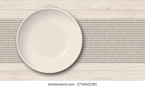Vista superior del cuenco de marfil vacío con textura granulada colocada en un mantel de tela beige en una mesa de madera, la ilustración gráfica de fondo de condición de desvanecimiento tiene espacio en blanco.
