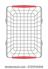 Vista superior de uma cesta de compras de fio de metal vazio com alças vermelhas. Ilustração vetorial limpa perfeita para negócios de varejo, ícones de aplicativos de e-commerce, promoções de supermercados e materiais de marketing.