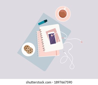 Top view empty notepad, laptop, smartphone, cookies, cup of coffee, highlighter and earphones on background. Vector workplace organization for productivity. Blogger, influencer desk concept. 