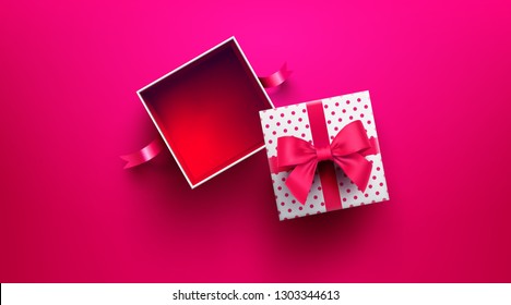 Top view of empty open gift box for Valentine's Day on red background.Promotion and shopping template or background for Love and Valentine's day concept.Vector illustration EPS10