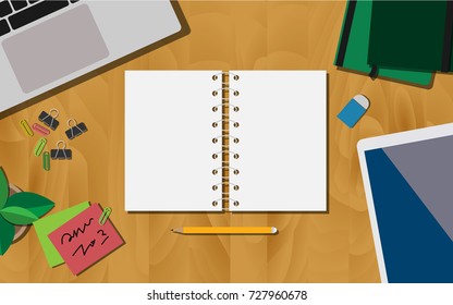 Top View Of Empty Page Note Book On Wooden Working Desk With Laptop, Tablet, And Notebook With Copy Space For Your Own Text