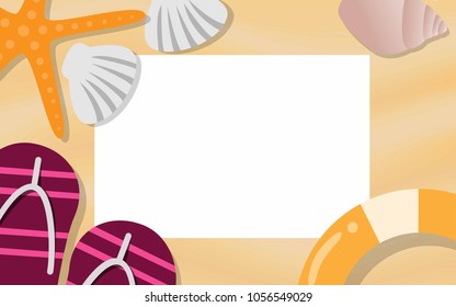 Top view of empty paper with copy space for text surrounded with starfish,sea shell,and life ring for tropical summer vacation promotion poster,advertisements,wallapaper,sale brochure