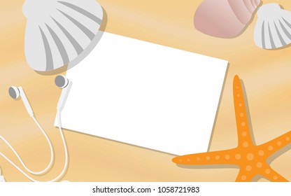 Top view of empty paper with copy space for text surrounded with starfish,sea shell,earphones for tropical summer promotion poster,advertisements,background,wallapaper,sale brochure