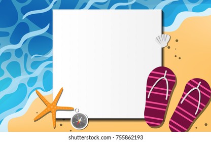 Top view of empty paper with copy space for your text on the beach  with wave background with red slipper, star fish, compass and sea shell for tropical summer holiday poster