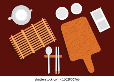 Top view Empty plate korean food. chopstick, bamboo mat, plate, drink water Vector Illustration
