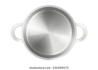 Top view of empty steel cooking pot or pan isolated on white background. Stainless steel frying pan. Mock-up. Realistic 3d vector illustration