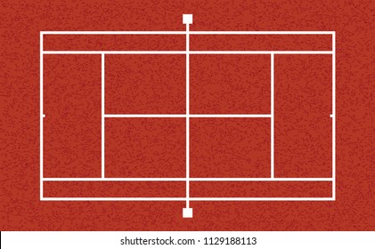 Top view of empty tennis field   Court field with markings. Play on red clay court. Tennis net. Realistic field with lines. Vector icon. Ball sport template background. Championships finale. Game cup.