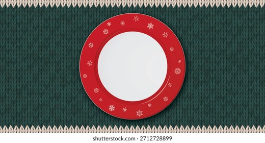 Vista superior de un plato blanco vacío con borde rojo y decoración de copo de nieve colocados en una ilustración gráfica de fondo de mantel verde tienen espacio en blanco.