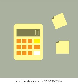 Top view of empty yellow note paper sheets and yellow calculator on grey workdesk. Vector illustration