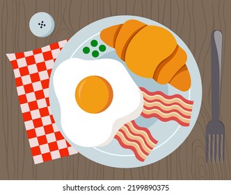 Top View Of English Breakfast With Egg, Becon And Croissant Vector Illustration In Flat Style