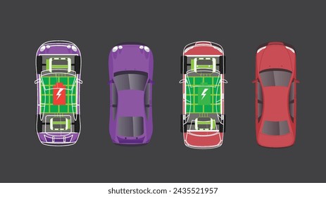 top view of E.V. car vehicle with battery pack and motor on road