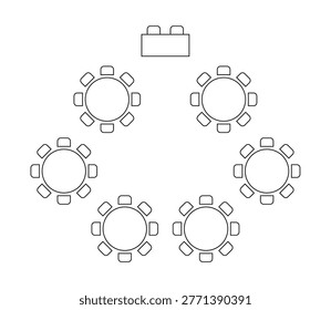 Top view event layout with round tables and seating arrangements. Vector illustration of banquet hall floor design. Architectural blueprint for wedding reception or party venue.