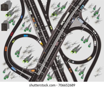 Top view exit of the highway in the village in winter with white snow