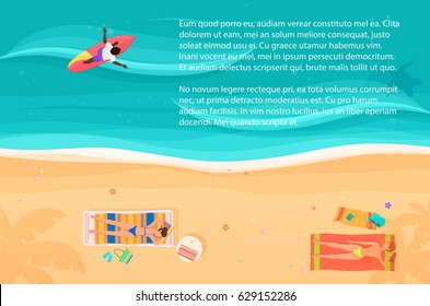 Top view of exotic sea beach with people and surfer. Bright color vector illustration.