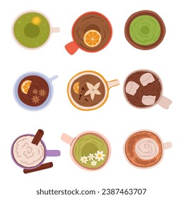 Vista Superior Del Exquisito Vidrio Lleno De Vibrantes Bebidas, Colorida Sinfonía En Cosmos Cups, Agradable Refrescor Y Alegría. Colección de tazas con café, matcha, té negro. Ilustración del vector de dibujos animados