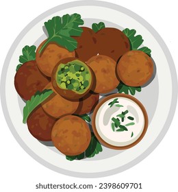 Falafel Draufsicht. Illustrator für Lebensmittel im Nahen Osten, Vektor.