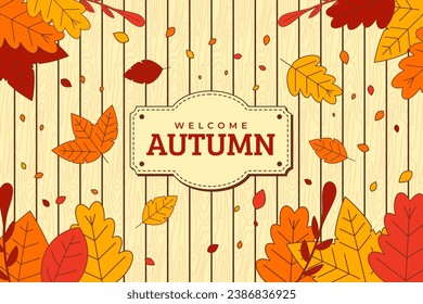 Las hojas de otoño de la vista superior sobre el fondo de la madera. Hojas amarillas naranjas en tablas de madera. Ilustración plana para dar la bienvenida al otoño