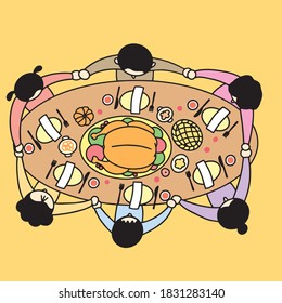 Top view of the family having holiday dinner with delicious turkey on thanksgiving. Vector illustration.