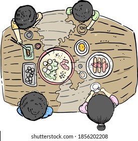 Top view of family meal. Father mother, son and daughter together sit at the table and have lunch. Vector illustration