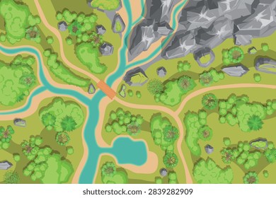 Top view fantasy landscape map with rivers, paths, bridge, mountains, rocks and lush trees, ideal for game backgrounds, adventure scenes and nature illustrations. View from above. Aerial.