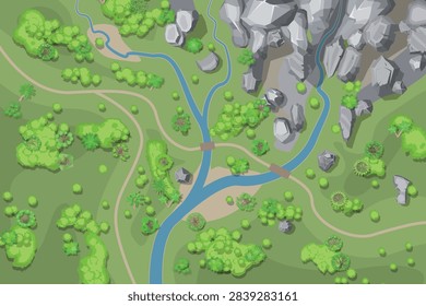 Top view fantasy landscape map with winding rivers, bridges, rocky mountains, paths and lush vegetation, ideal for game environments, adventure maps and nature backgrounds. View from above. Aerial