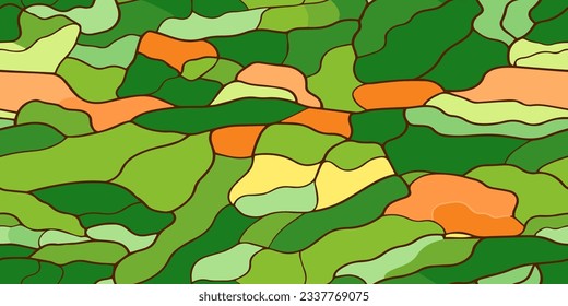 Top view of farm fields with grass, barley, wheat, rye, corn and soy bean. Abstract seamless pattern of farmland with harvest. Aerial view of green, yellow agricultural plants. Flat bird eye landscape