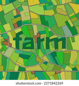 Top view of farmland colorful seamless vector pattern in different shades of green. Landscape background texture with fields, roads and village farm.