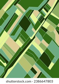 Top view of farmland field. Countryside eco meadow bird eye view. Harvest and agriculture farm landscape. Abstract geometric shaped field patches. Vector farming earth vertical poster.