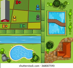 Top view of farmland and private house illustration