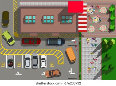 Top View Fast Food Restaurant With Cars Parking