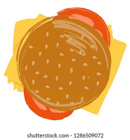 Top View fast food. Vector illustration tasty fresh Burger with Tomato and Cheese. Flat Classic Hamburger Close up isolated on a white background.