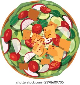 Draufsicht: Fattoush. Grüner Salat mit flachem Brot. Illustrator für Lebensmittel im Nahen Osten, Vektor.