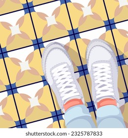 Top view of feet in casual sneakers vector illustration. Cartoon selfie with legs of person standing on floor tile, lifestyle scene of walking in sports shoes with laces on human feet of teen or adult