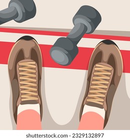 Top view of feet in sneakers in gym vector illustration. Cartoon selfie look down of athlete with dumbbells during fitness workout, person in socks and sports shoes on feet training with equipment