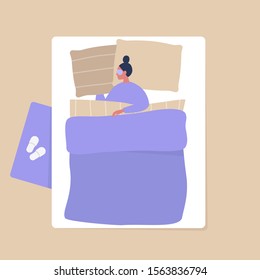 Top view of a female character sleeping in a bedroom, modern interior and lifestyle