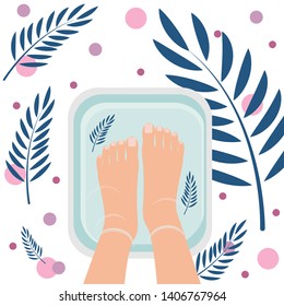 Top view of female feet in bath for cleansing. Spa procedure, pedicure. Nice atmosphere with plant leaves. Vector illustration