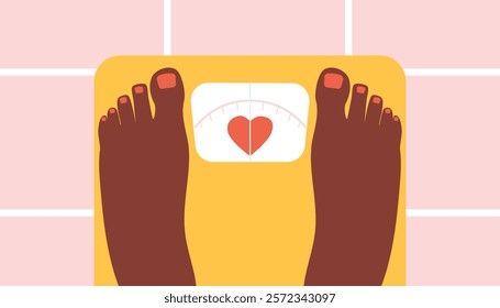 Top view of female feet standing on weighing scale.Self love, body positive concept.