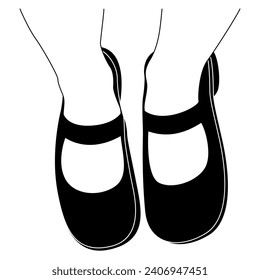 Top view of female feet wearing Mary Jane shoes. Funny footwear design. Black and white silhouette.