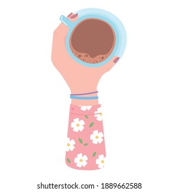 top view female hand with coffee cup on dish, fresh hot beverage vector illustration
