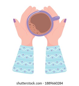 Draufsicht, weibliche Hände mit Kaffeetasse, frisches heißes Getränk, Vektorgrafik