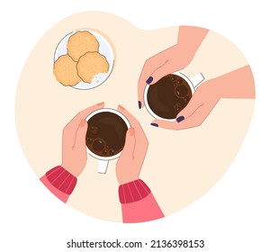 Top view of female hands holding ceramic mugs with coffee. Two women at table with warm drinks flat vector illustration. Morning, breakfast concept for banner, website design or landing web page