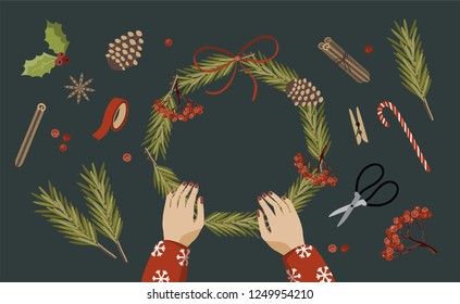 Top view of female hands make a Christmas wreath. Packed gifts and scrolls, spruce branches and tools on table.