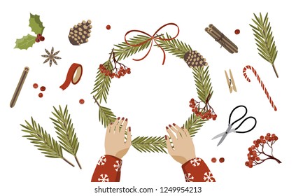 Top view of female hands make a Christmas wreath. Packed gifts and scrolls, spruce branches and tools on table.